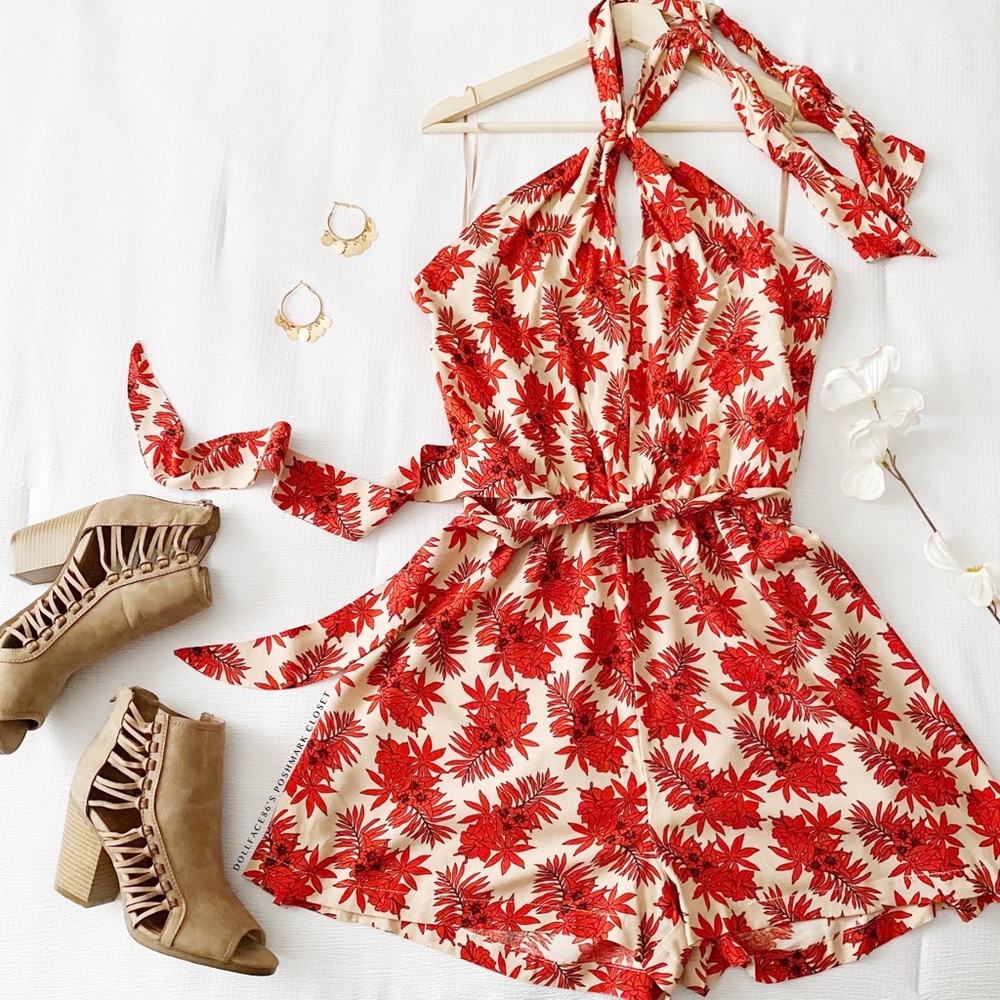 PRICE FIRM - Topshop Red Tropical Print Halter Romper